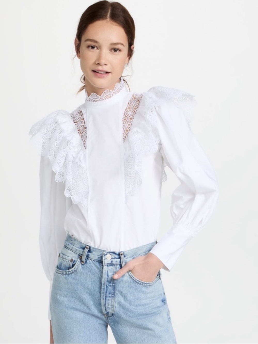 Ganni White Cotton and Lace Trim Ruffled High
Neck Blouse